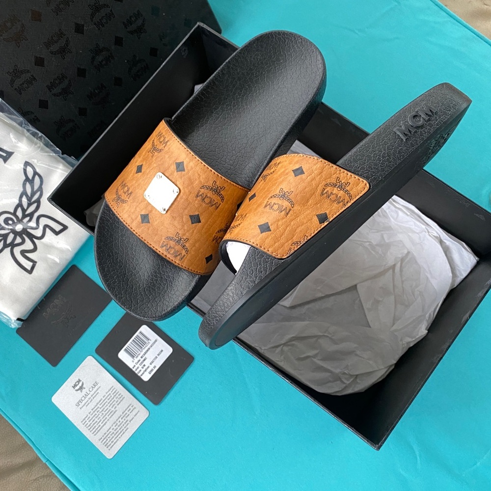 MCM Cognac Visetos Monogram Slide Sandals with Black Footbed
